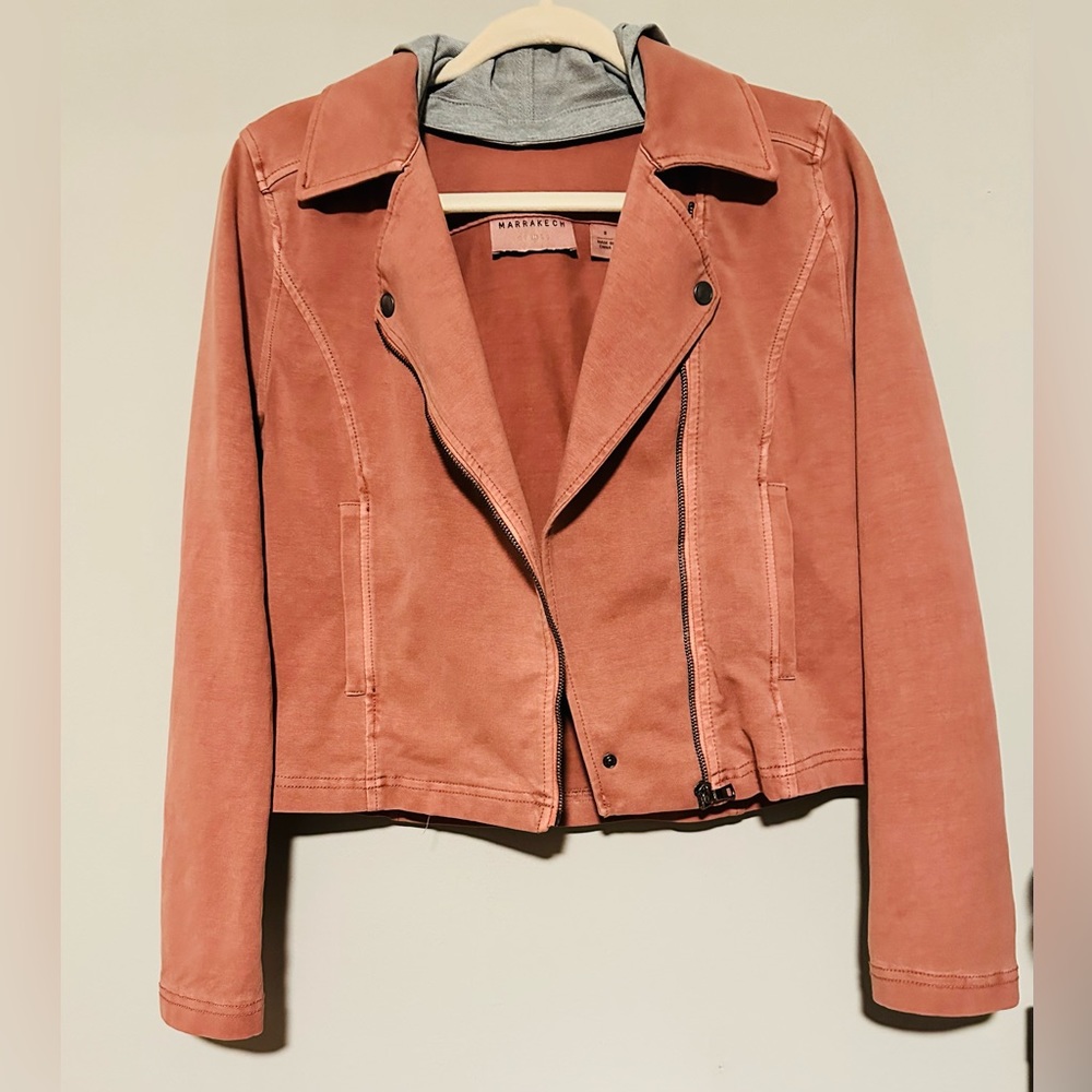 Anthropologie Marrakech Moto Jacket With Removable Hood Pink/ Gray Size Small